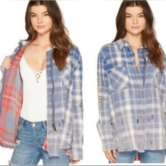 Free People Plaid Flannel Distressed/Deconstructed Stud Jacket/Shacket Size L - Picture 14 of 14
